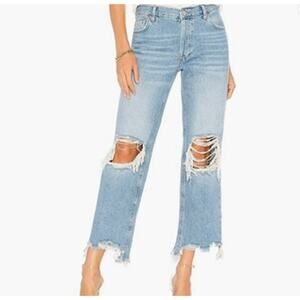 Free People We The Free Maggie Light Stone Straight Distressed Frayed Jeans